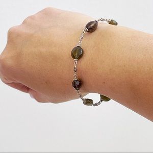 925 Sterling Silver Smoky Quartz Green Gemstone Beaded Bracelet 6.5” Boho Chic